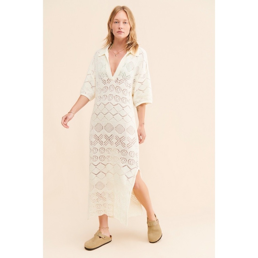 Free People Islamorada Crochet Maxi Dress Open Knit Polo Collar Small
